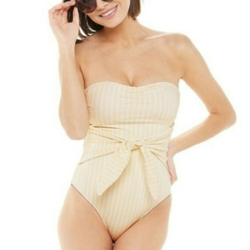 Onia WeWoreWhat Capri Strapless One Piece Swimsuit Yellow Papyrus Stripe Medium